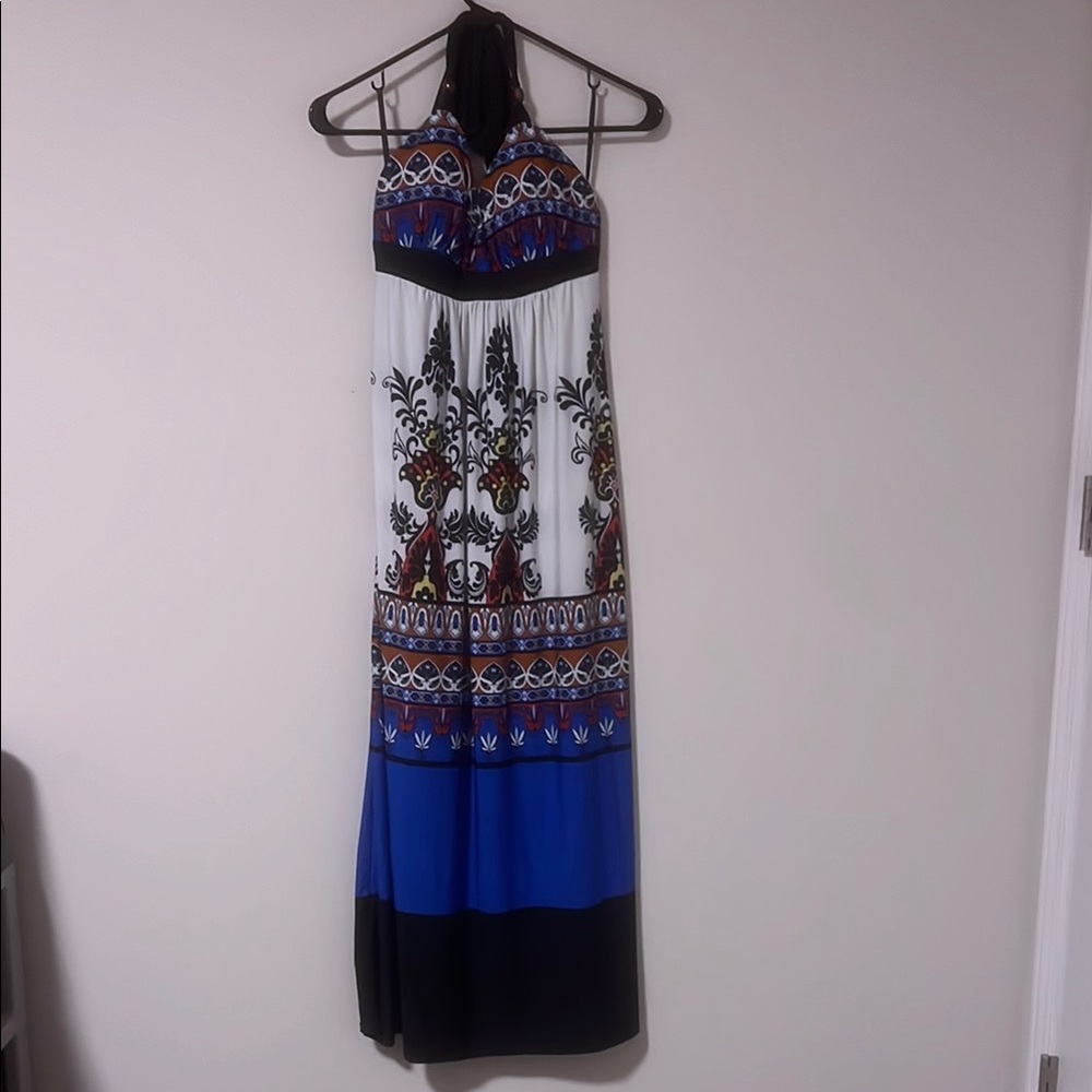 Elegant Blue and Black Halter Maxi Dress
